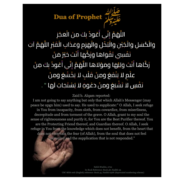 Finished hadith and dua design with Arabic text, English translation, hand photograph, and detailed source reference on a black background